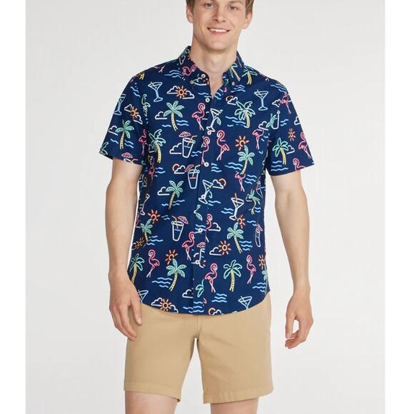 NEW CHUBBIES Men's Navy Graphic The Neon Lights Friday Button-Up Shirt Size L - Picture 1 of 6